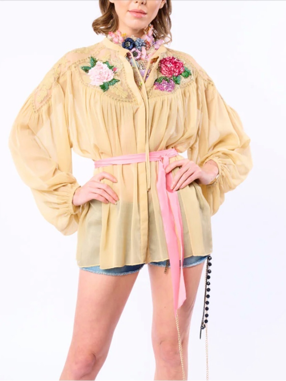 Aratta Silent Journey Amora Chiffon Hand - Embellished Blouse NWT